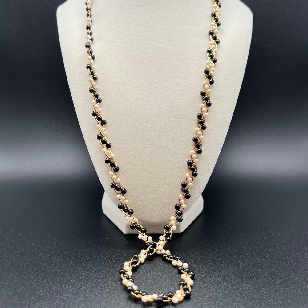 Trifari Braided Twist Necklace Black White Faux Pearl Onyx Gold Tone Vintage 80s